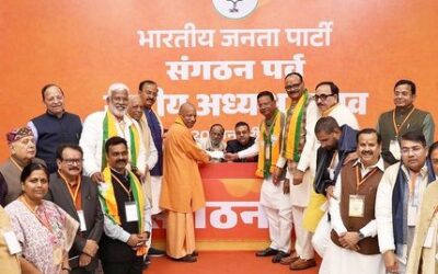 Uttar Pradesh Chief Minister Yogi Adityanath submits nomination paper for Nitin Nabin at BJP headquarters.