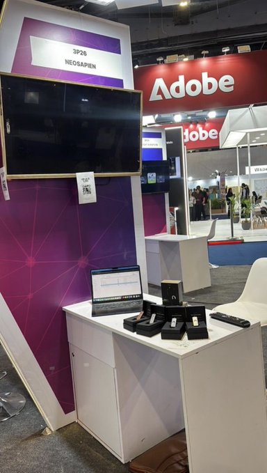 A deserted kiosk of Neosapiens at AI Expo 2026 on day one in New Delhi.