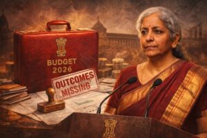 A creative representation of Union Budget 2026 presentation in the Lok Sabha.