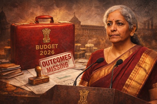 A creative representation of Union Budget 2026 presentation in the Lok Sabha.