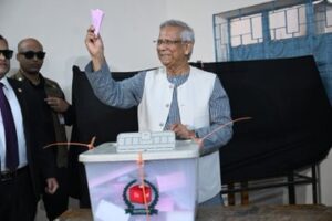 Chief Adviser Professor Muhammad Yunus cast his ballot in the 13th general election and referendum on the July National Charter at the Gulshan Model School and College centre in Dhaka.