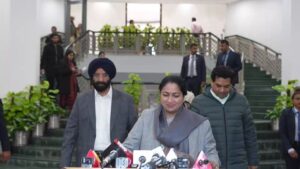 Delhi Chief Minister Rekha Gupta speaks to reporters.