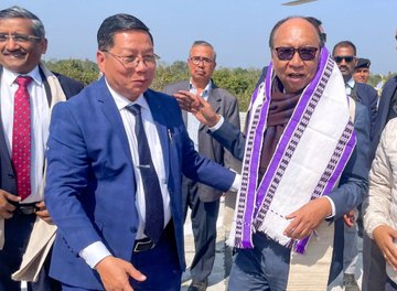 Lt Gen (Retd.) L. Nishikanta Singh with Manipur CM Y Khemchand Singh in Jiribam in Manipur.
