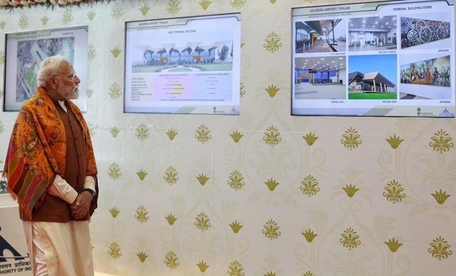 Prime Minister Narendra Modi at terminal building at the Halwara Airport in Ludhiana Punjab.