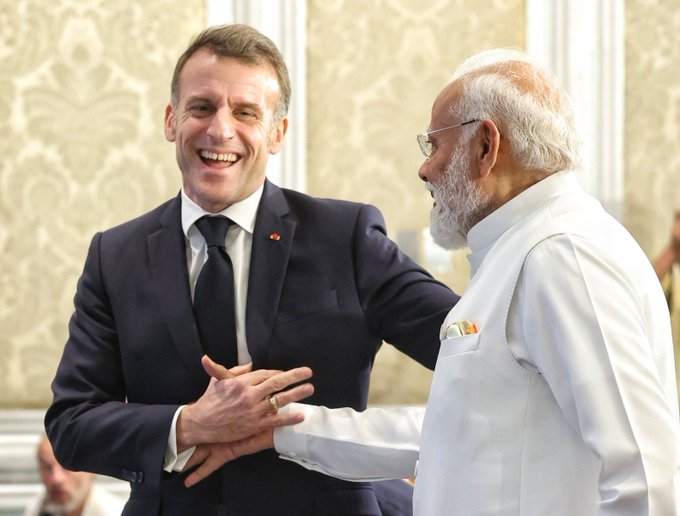 Prime Minister Narendra Modi with French President Emmanuel Macron in New Delhi.