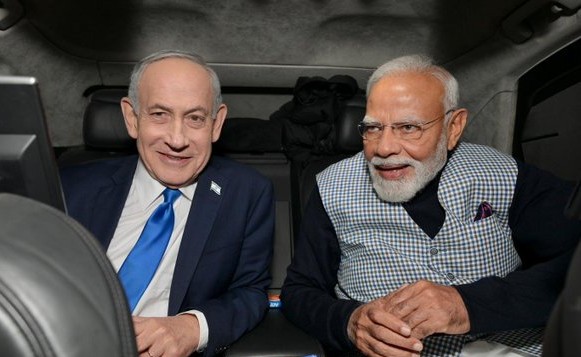 Prime Minister Narendra Modi with Israel's PM Benjamin Netanyahu in Tel Aviv.