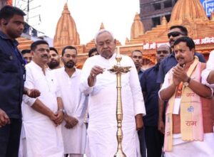 Bihar CM Nitish Kumar takes part in Ram Navami function in Patna on Friday.
