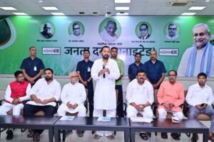 Nishant Kumar at a meeting of the JD (U) in Patna on Saturday.