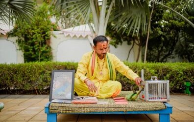 Parrot astrology booth at Leela Palace Hotel, Jaipur