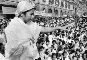 West Bengal CM Mamata Banerjee at a Kolkata rally in 1990s.
