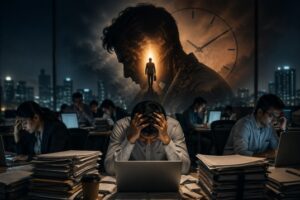 Indian corporate employees working late hours highlighting stress and burnout.