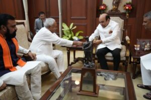 Bihar CM Nitish Kumar hands over his resignation to Governor Syed Ata Hasnain.