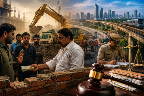 A conceptual illustration of India's development challenges and governance reforms.