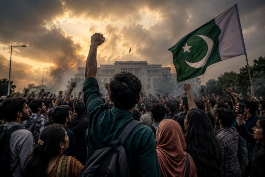 A large crowd of young protesters gathers before a government building at dusk, with raised fists and a Pakistani flag.