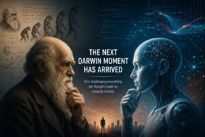 Conceptual illustration depicting a pivotal moment in human history and technology.