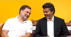 Congress leader Rahul Gandhi with Tamil Nadu CM Vijay on Sunday in Chennai.