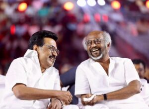 Film star Rajinikanth with former Tamil Nadu Chief Minister MK Stalin.