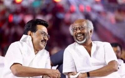 Film star Rajinikanth with former Tamil Nadu Chief Minister MK Stalin.