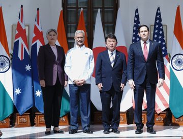 Group photograph of foreign ministers and delegates attending the 11th Quad Foreign Ministers’ Meeting in New Delhi.