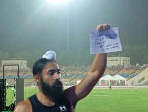Gurindervir Singh crosses the finish line at the Federation Cup 2026 in Ranchi, clocking 10.09 seconds in the men's 100m final.