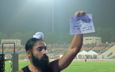 Gurindervir Singh crosses the finish line at the Federation Cup 2026 in Ranchi, clocking 10.09 seconds in the men's 100m final.