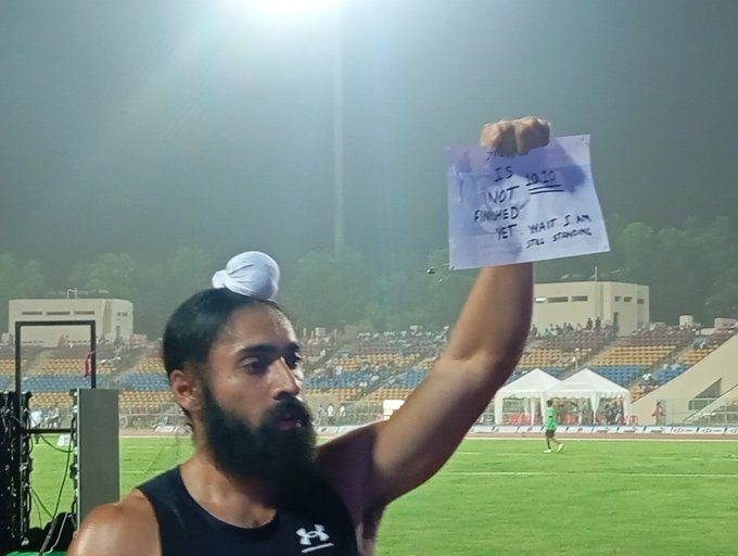 Gurindervir Singh crosses the finish line at the Federation Cup 2026 in Ranchi, clocking 10.09 seconds in the men's 100m final.