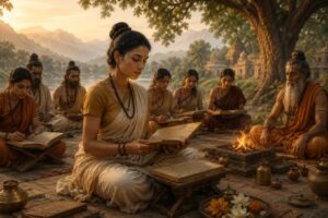 Illustration depicting women scholars and sages in an ancient Vedic learning setting, seated beside a ritual fire and manuscripts near a riverside landscape with mountains in the background.