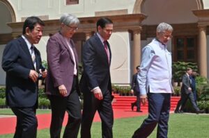 Indian External Affairs Minister S. Jaishankar with Quad foreign ministers at Hyderabad House in New Delhi.