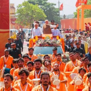 Prime Minister Narendra Modi at a roadshow in Somnath in Gujarat on Monday.