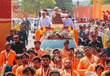 Prime Minister Narendra Modi at a roadshow in Somnath in Gujarat on Monday.