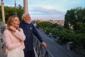 Prime Ministers Narendra Modi and Giorgia Meloni during bilateral talks in Italy after elevating India–Italy relations to a Special Strategic Partnership.