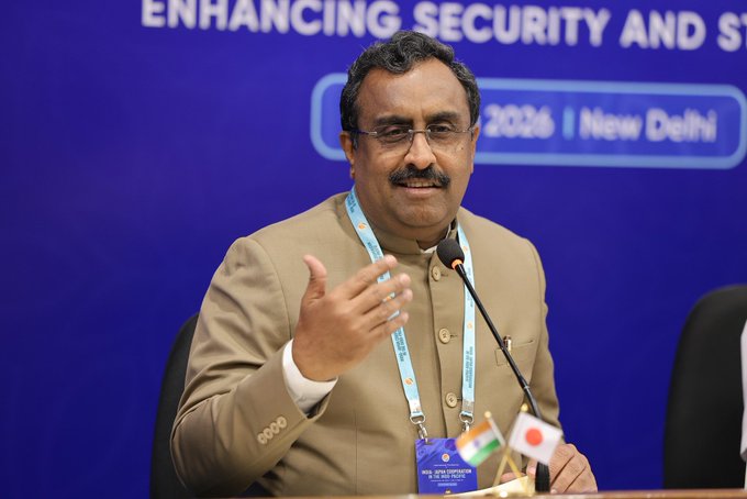 Ram Madhav speaking at an international forum amid debate on India-US relations.