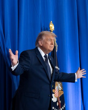 US President Donald Trump speaking during a public appearance as negotiations over a possible Iran deal continue amid tensions over the nuclear programme and Strait of Hormuz.