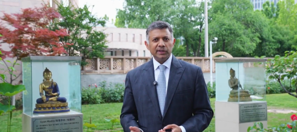 India's Ambassador to China, Vikram Doraiswami, speaks in fluent Mandarin during a video tour of the Indian Embassy in Beijing, highlighting India-China cultural ties and inviting Chinese citizens to participate in embassy events.