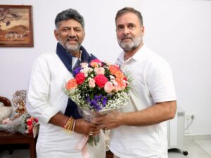 Karnataka deputy CM D. K. Shivakumar with Congress leader Rahul Gandhi in New Delhi on Friday.