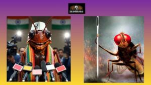 Illustration of a cockroach and a fly facing a grand political palace, symbolising satire and resistance.