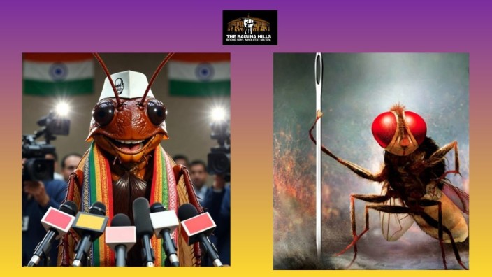 Illustration of a cockroach and a fly facing a grand political palace, symbolising satire and resistance.
