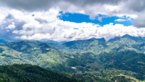 A panoramic view of the Himalayan peaks seen from Dhanachuli village in Uttarakhand.