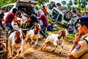 An illustrative image depicting suspected livestock thieves loading breeding goats into an SUV in rural Bihar.