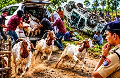 An illustrative image depicting suspected livestock thieves loading breeding goats into an SUV in rural Bihar.