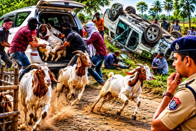 An illustrative image depicting suspected livestock thieves loading breeding goats into an SUV in rural Bihar.