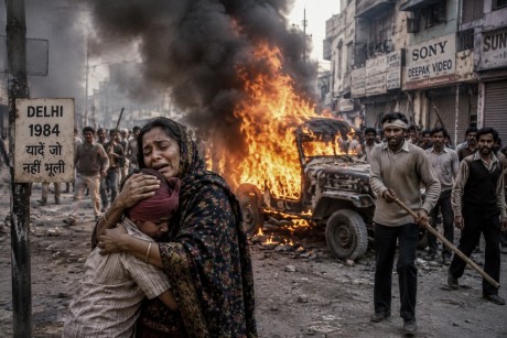 A distressed woman embraces a child on a smoke-filled Delhi street as a vehicle burns in the background and a crowd gathers amid scenes of unrest, symbolizing the fear and trauma associated with the 1984 anti-Sikh riots.