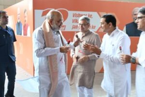 Home Minister Amit Shah at BJP's session with the electronic media at Bharat Mandapam on Monday.