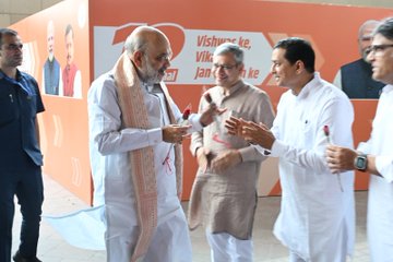 Home Minister Amit Shah at BJP's session with the electronic media at Bharat Mandapam on Monday.