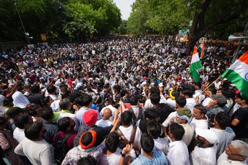 Hundreds gathered near Parliament as the Cockroach Janata Party staged a protest targeting the Modi government.