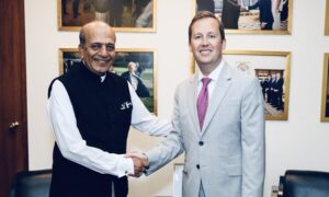 India's high commissioner to Bangladesh Dinesh Trivedi with US ambassador in India Sergio Gor.