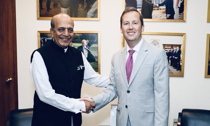 India's high commissioner to Bangladesh Dinesh Trivedi with US ambassador in India Sergio Gor.