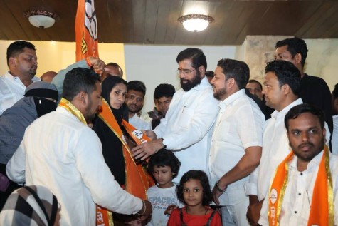 Maharashtra deputy CM Eknath Shinde with supporters in Mumbai.