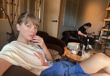 Pop sensation Taylor Swift in a music recording studio.