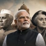Illustrative portrait featuring Narendra Modi in the foreground with Jawaharlal Nehru and Indira Gandhi on either side against a backdrop of government buildings, symbolizing a comparison of their political legacies and years in power.